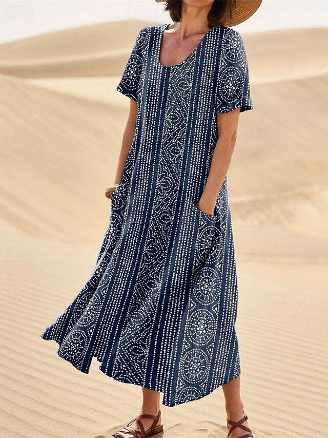 Women's Long Dress Maxi Dress Casual Dress Swing Dress Summer Dress Boho Dress Elegant Fashion Romantic Outdoor Party Holiday Regular Fit Flower Short Sleeve Crew Neck Pink Navy Blue Blue Summer4