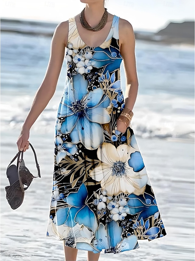  Damskie Sukienka maxi Sukienka letnia Sukienka A line Sukienka na ramiączkach Plisowana sukienka Urlop Codzienny Boho Impreza Wyjściowe Plaża Regularny Kwiaty Graficzny Bez rękawów Dekolt w kształcie