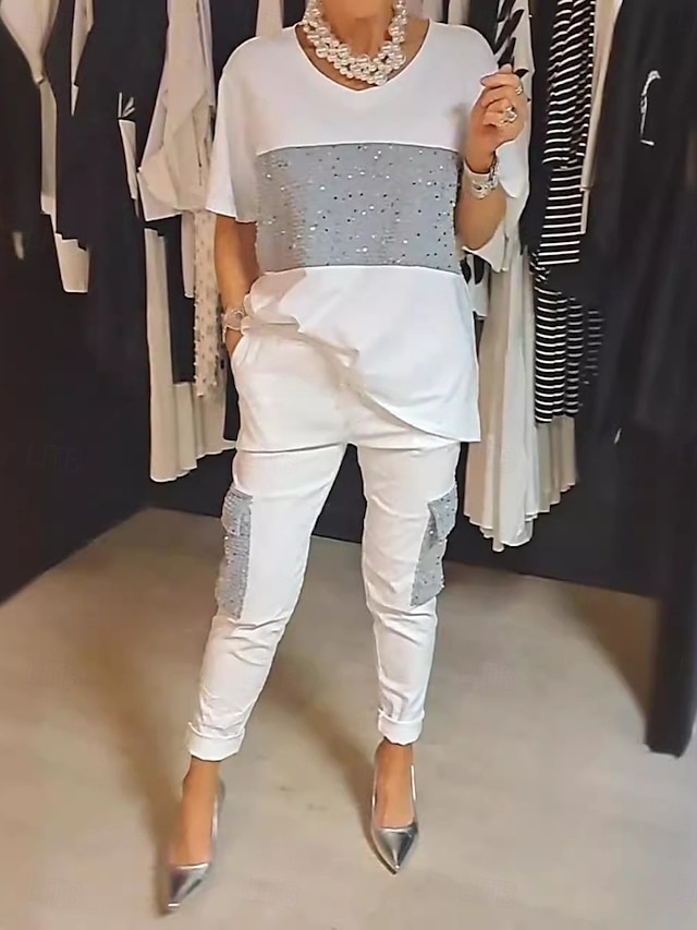  Pentru femei Modă Șic Stradă Zilnic Seturi de pantaloni Manșon Jumate Rotund Dungi Imprimeu Casual Zilnic Negru Alb Mov Vară Fit regulat