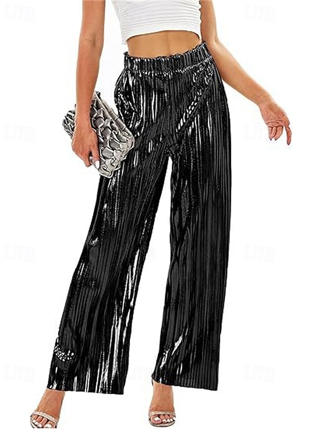  Mujer Pantalones Pantalones palazzo Moda Ropa de calle Longitud total Alta cintura Plano Cintura elástica Transpirabilidad Cómodo Microelástico Fiesta Noche Plata Negro Dorado Primavera Otoño Ajuste