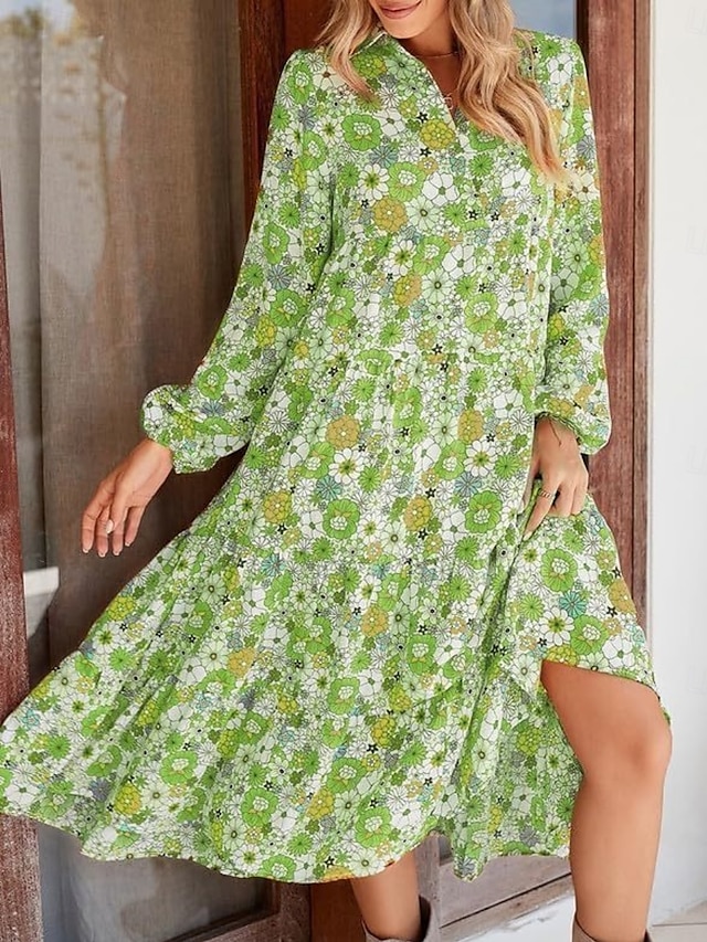 Per donna Abito Midi Abito a trapezio Casual All'aperto Uscire Vestibilità regolare Floreale Grafico Manica Lunga Scollo a V Marrone chiaro Azzurro cielo Arancione Verde Estate