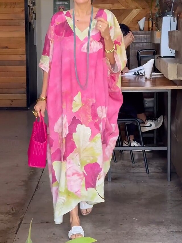 Women's Long Dress Maxi Dress Floral Dress Print Dress Classic Modern Outdoor Vacation Daily Regular Fit Flower 3/4 Length Sleeve V Neck Pink Blue Orange Summer4