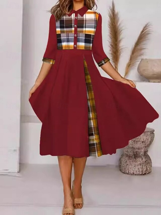  Mujer Vestido Midi Vestido de una línea Casual Exterior Noche Estándar Plaid Manga 3/4 Cuello Vuelto Negro Vino Morado Naranja Verano Otoño