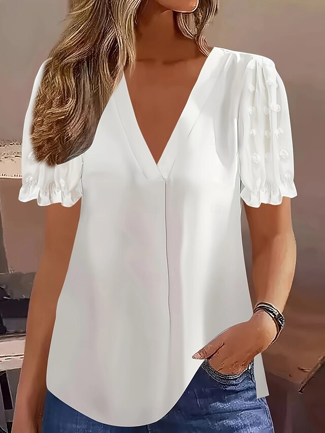 Women's T Shirt Solid Color Casual Short Sleeve V Neck Regular Tops Daily Black White Summer3