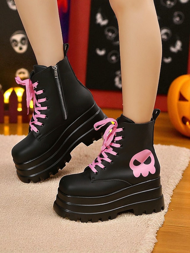  Botas de combate femininas góticas plataforma - botas pretas grossas de amarrar no tornozelo com caveira rosa para cosplay, Halloween e streetwear punk