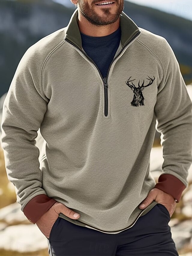 Men's Sweatshirt Quarter Zip Sweatshirt Gray Half Zip Reindeer Plain Half Zip Print Sports & Outdoor Daily Holiday Polyester Vintage Streetwear Casual Fall & Winter Clothing Apparel Hoodies2