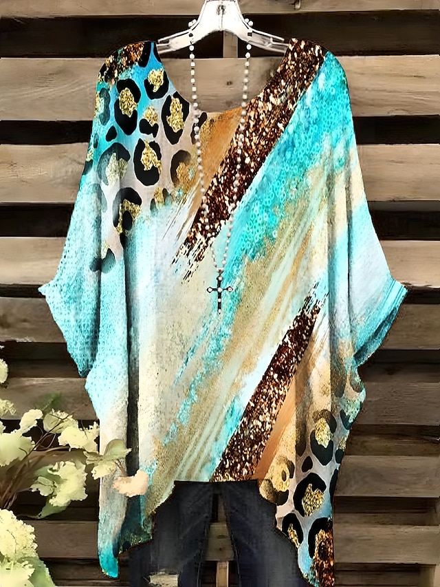  Dámské Halenka Grafika Leopard Geometrický Elegantní Vinobraní Denní Krátký rukáv Netopýří rukávy Tričkový Běžné topy Denní Dovolená Oblečení na dovolenou Rubínově červená Vodní modrá Oranžová Khaki