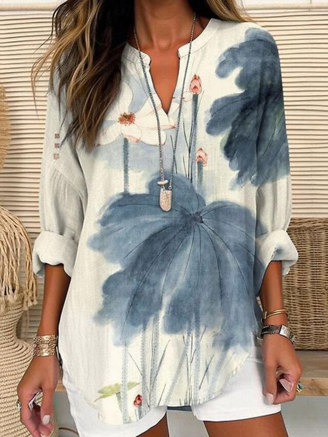Women's Shirt Floral Stylish Modern Long Sleeve V Neck Regular Tops Daily Holiday Buttons Print Blue Summer4