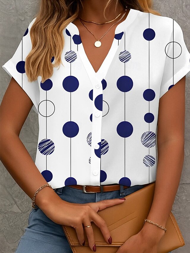 Women's Blouse V Neck Button Down Blouse Graphic Geometric Polka Dot Vintage Tropical Stylish Sleeveless Short Sleeve Regular Tops Daily Buttons Print White Summer Spring3