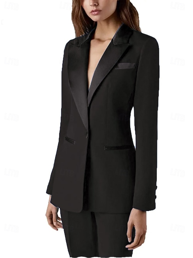  女性用 2ピーススーツ フォーマル 結婚式のゲスト ストレッチクレープ エレガント シンプル カジュアル 長袖 フロア丈 ピークラペル シングルブレスト