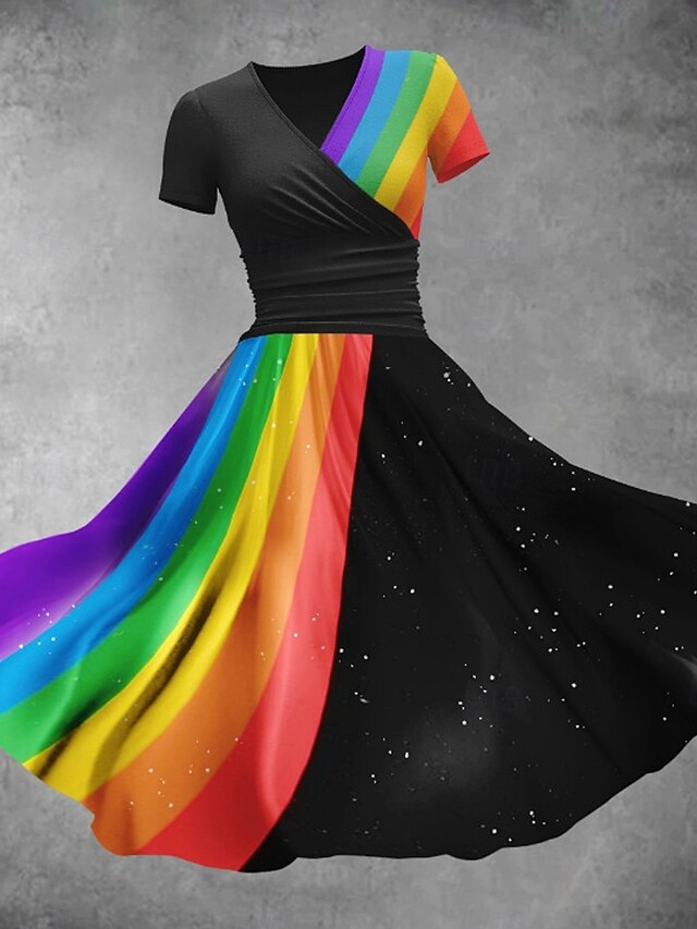 Women's Midi Dress A Line Dress Summer Dress Fit And Flare Dress Party Casual Daily Holiday Regular Fit Graphic Geometric Color Block Short Sleeve V Neck Black Purple Green Summer4