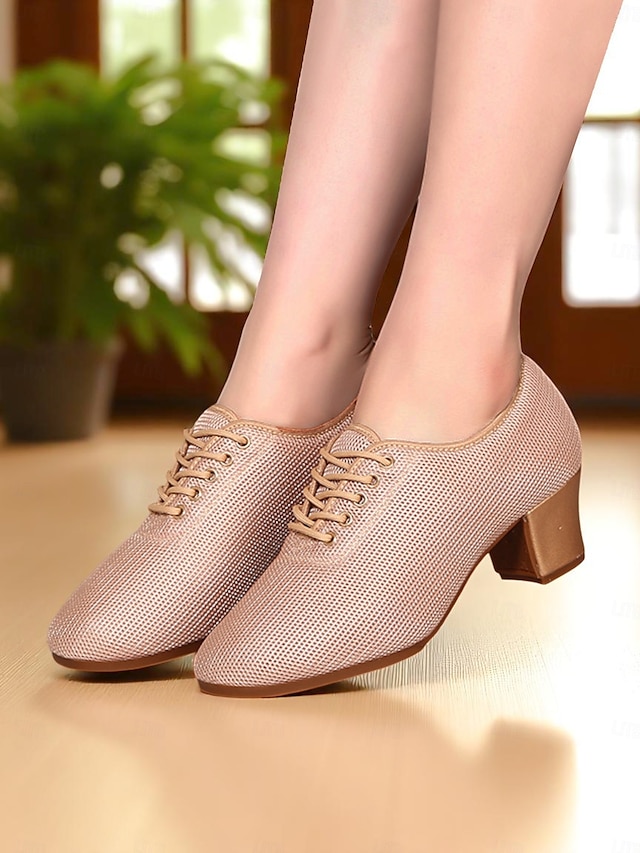  Women's Mesh Lace-Up Ballroom Dance Shoes with Low Heel, Breathable Professional Practice Footwear for Latin and Waltz Performance
