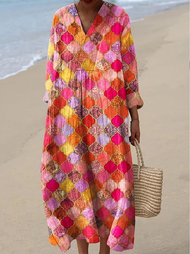 Women's Midi Dress V Neck Long Sleeve Kaftan Lightweight Loose Fit A Line Dress Casual Going out Graphic Geometric Long Sleeve V Neck Yellow Red Blue4
