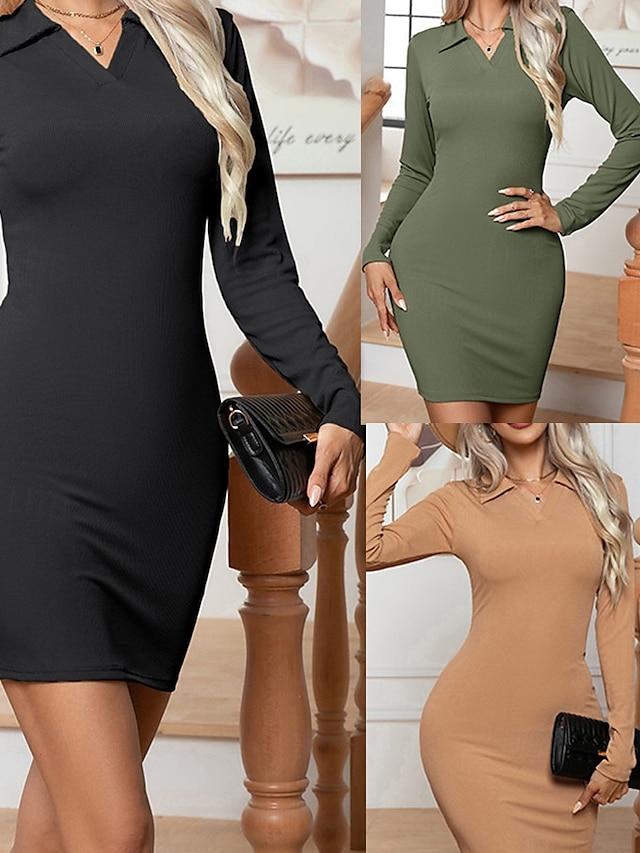  Damen Minikleid Strickkleid Freizeitkleid Etui-Kleid Mode Outdoor Party Ferien Normale Passform Einfach Langarm V Ausschnitt Schwarz Grün Khaki Sommer