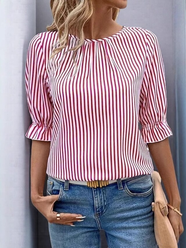  Dame Bluse Grafisk Stripet Elegant Årgang Stilfull Halvlange ermer Crew-hals Vanlige topper Daglig Ferie Svart Rød Blå Sommer Vår