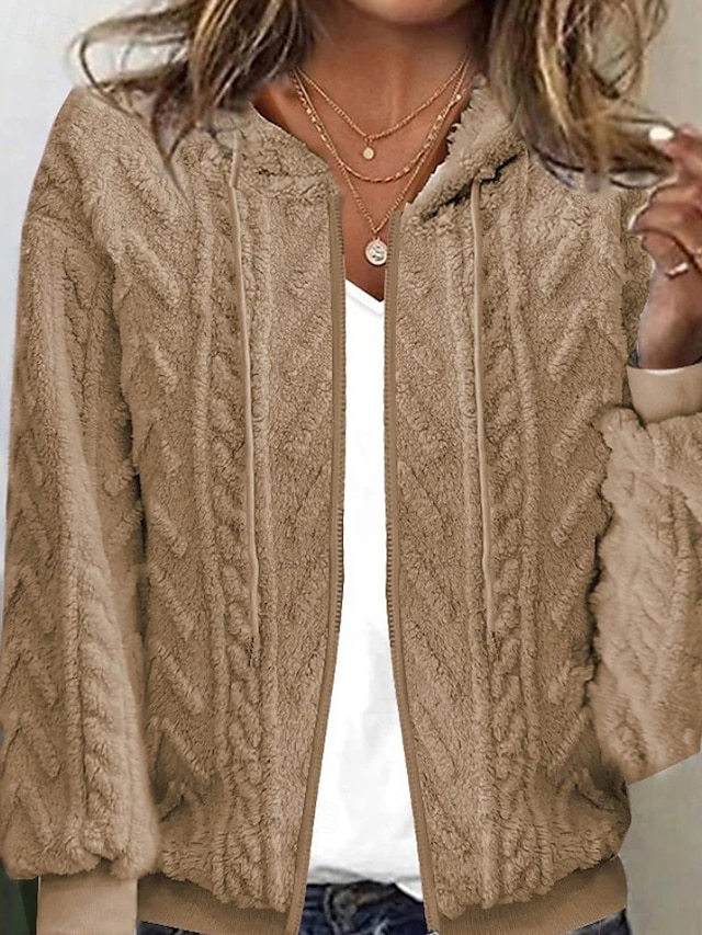  Mulheres Carregam Casual Côr Sólida Robusto Com Capuz Zíper Tricotado Manga Longa Tops regulares Tricotar Ao ar livre Diário Feriado Cáqui Outono Inverno