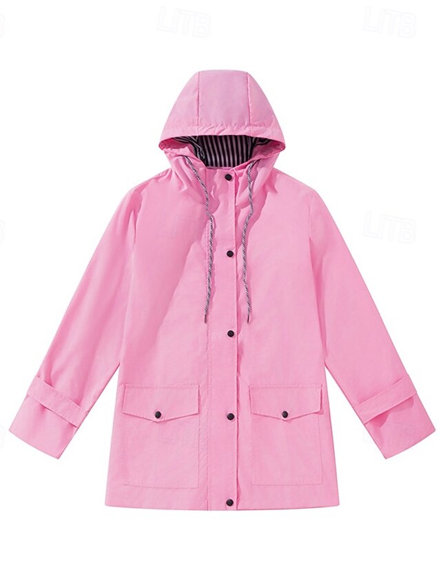  Mulheres Casaco com capuz Jaquetas de chuva impermeáveis Capas de chuva Prova-de-Água Manter Quente Zíper Bolsos Moda Casual Tecido Roupa Diária Final de semana Zíper Longo Com Capuz Normal Manga