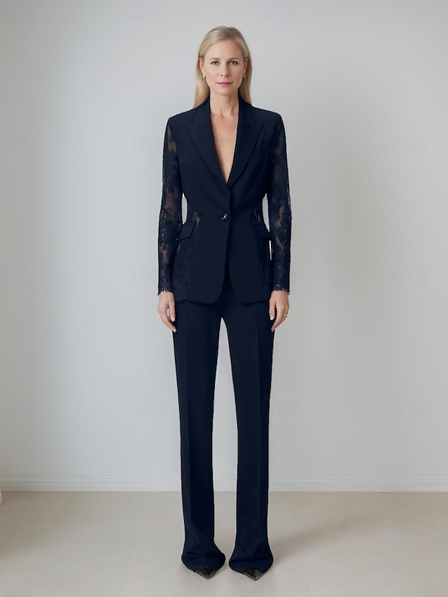  Femmes costumes 2 pièces Formel robe demoiselle d honneur Crêpe Extensible Élégant Minimaliste Manches en dentelle Longueur au sol Revers de pointe Simple Boutonnage