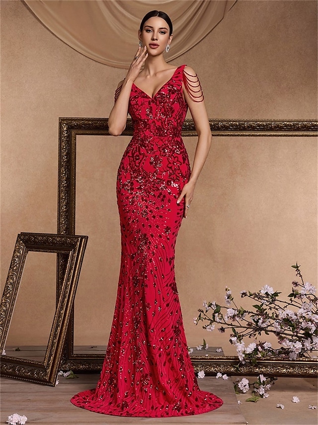  Vestidos de quinceañera de sirena/trumpet vestido elegante boda invitada de boda larga sin mangas con cuello de pico poliéster sin espalda con lentejuelas