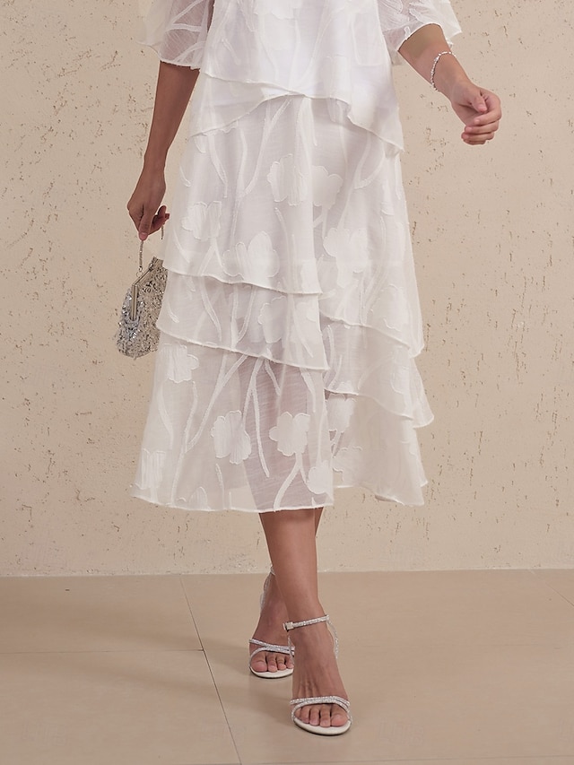  Femmes Jupe Élégant Midi Taille Moyenne Jupes Floral Superposé Non Elastique Soirée Décontracté Blanche Été Chiffon