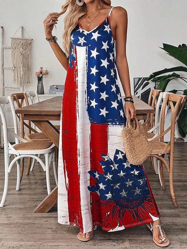  Independence Day Women's Patriotic Fourth of July Maxi Dress A Line Dress Slip Dress Vacation Casual Outdoor Going out Regular Fit Graphic American Flag Sleeveless V Neck Spaghetti Strap Blue