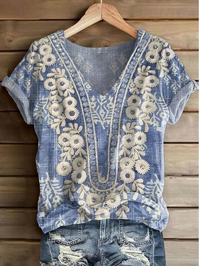 Women's T Shirt Floral Graphic Paisley Bohemia Vintage Stylish Short Sleeve V Neck Regular Tops Daily Going out Weekend Print Blue Khaki Summer Spring3
