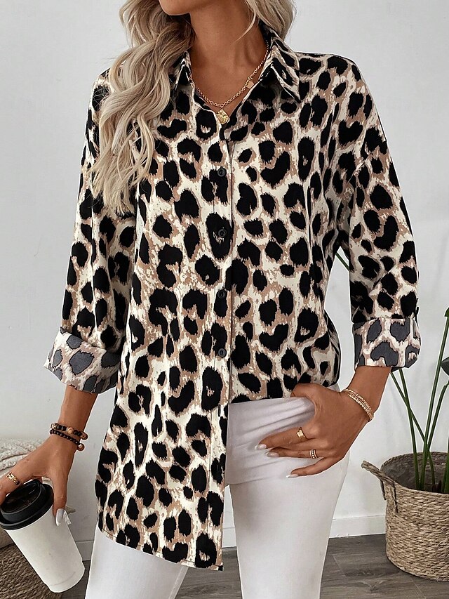  Dámské Košile Grafika Leopard Vinobraní Denní stylové Dlouhý rukáv Košilový límec Běžné topy Denní Dovolená Knoflíky Tisk Hnědá Léto Jaro