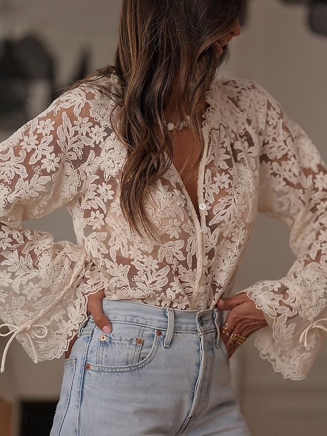  Dam Spets Splicing Top Ensfärgat Stylish Ledigt Långärmad V-hals Vanliga toppar Dagligen Spets Lappverk Beige Sommar Vår