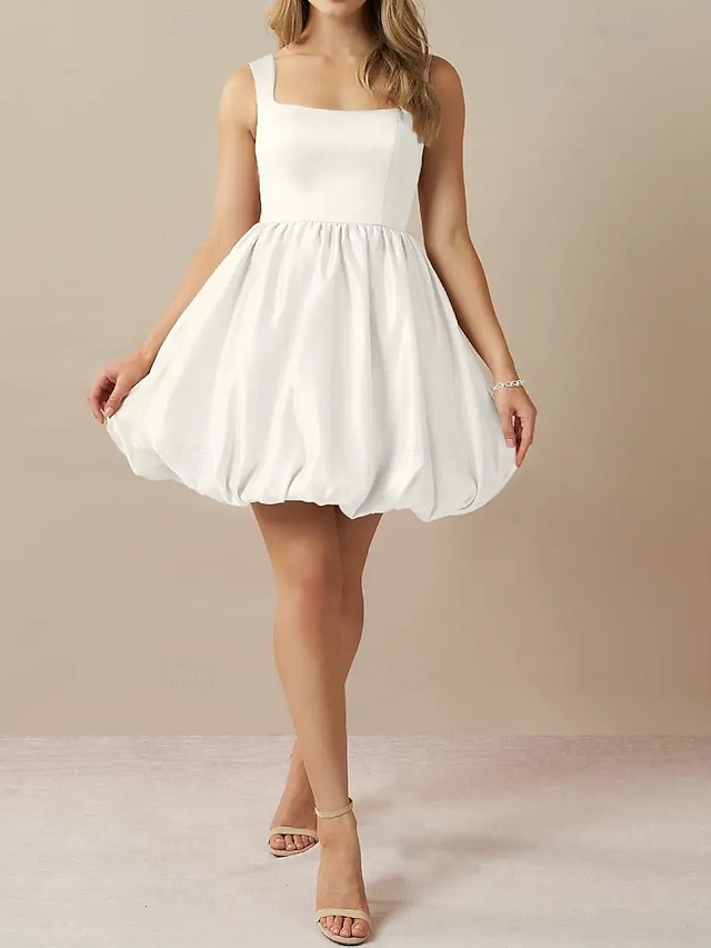  Robe de Mariage Petit Blanc Robes de Mariage A-Line Col Carré Sans Manches Courte  Mini Taffetas Robes de Mariée avec Plis