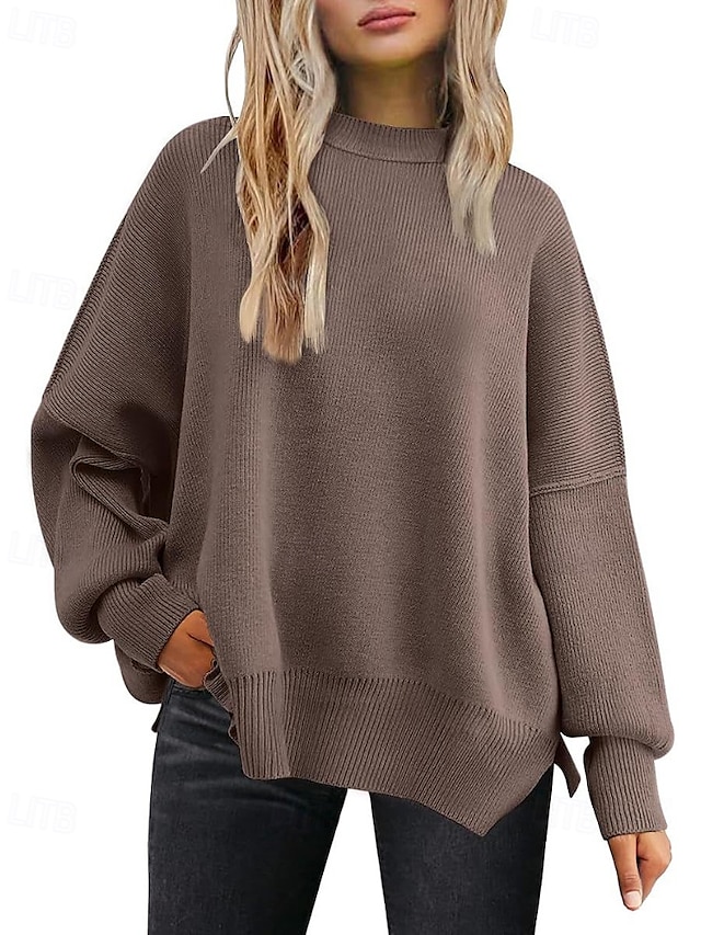  Damen Pullover Lässig Einfarbig Gerippt Rundhalsausschnitt Gestrickt Langarm Normale Oberteile Stricken Ausgehen Wochenende Schwarz Weiß Herbst