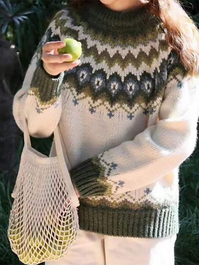 Women's Sweater Fair Isle Sweater Fashion Floral Ribbed Crew Neck Knitted Long Sleeve Regular Tops Knit Going out Weekend White Blue Fall4