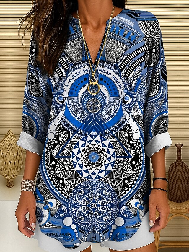  Bluza Tunică pentru Femei V Guler Mâneci Lungi Boho Casual Bluze Grafic Geometric Bohemia Basic Bluze Lungi Regulate pentru Uz Zilnic Imprimare Galben Roșu Albastru Violet Verde Primăvară Toamnă