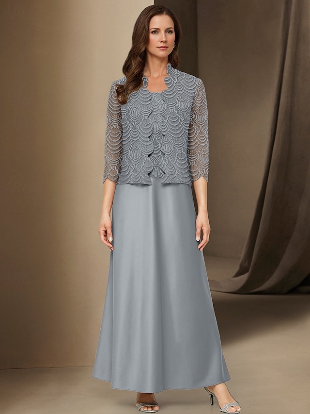  A-Linie 3-teiliges Kleid für die Brautmutter, elegant, schlicht, lässig, U-Boot-Ausschnitt, knöchellang, Satin, lange Ärmel mit Spitze 2025