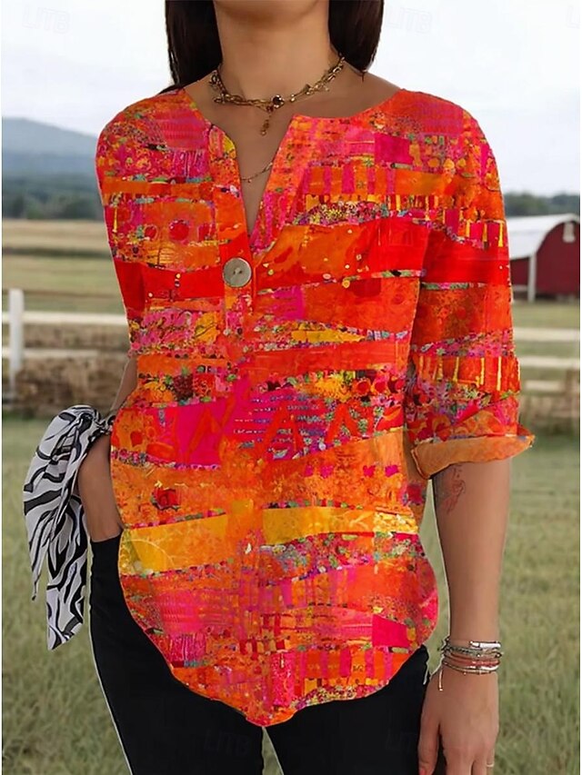 Women's Shirt Long Sleeve  V Neck Floral Graphic Geometric Vintage Tropical Hawaiian 3/4 Length Sleeve Crew Neck Regular Tops Daily Holiday Beach Wear Print Pink Orange Khaki Summer Spring4