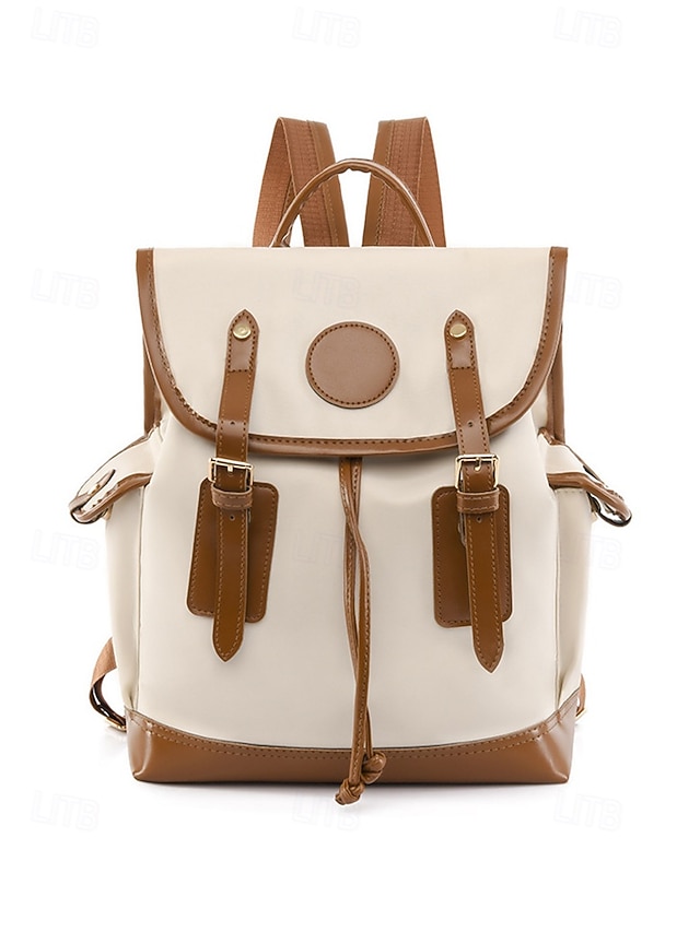  Women's Vintage Faux Leather Trim Backpack - Waterproof Canvas Preppy School Bag with Drawstring Closure for Teenage Girls, Students and Daily Use