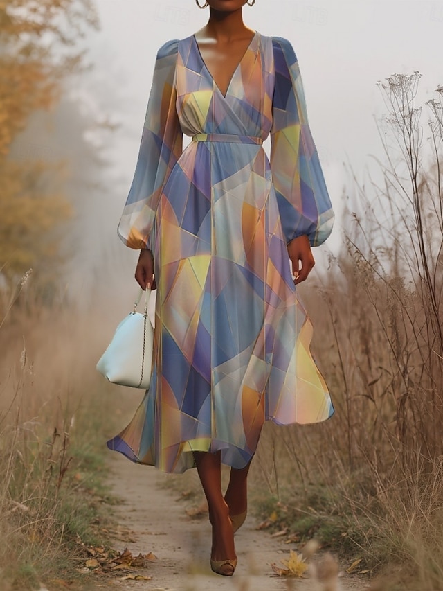  Damen Midikleid Freizeitkleid Chiffon Schwingkleid Modern Urlaub Täglich Wochenende Normale Passform Geometrisch Langarm V Ausschnitt Blau Dunkelgrün Purpur Grün Sommer Frühling Herbst