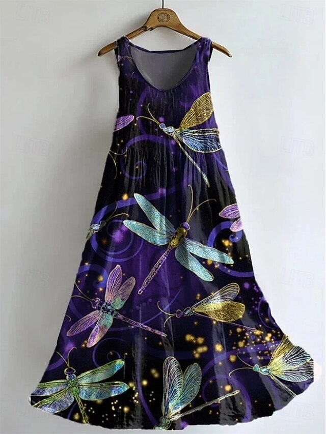 Women's Maxi Dress Sundress A Line Dress Slip Dress Pleated Dress Vacation Casual Boho Party Going out Beach Regular Fit Floral Graphic Dragonfly Sleeveless U Neck Deep Purple Light Purple Purple4