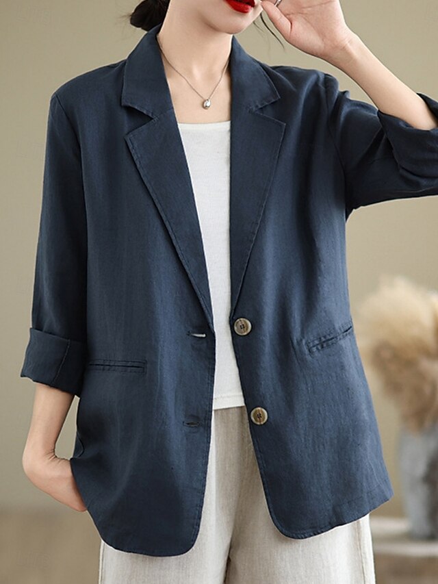  Women's Cotton Linen Blazer Comfortable Breathable Buttons Casual Plain Office Street Casual Daily Wear Single Breasted Regular Turndown Regular Fit Long Sleeve Outerwear