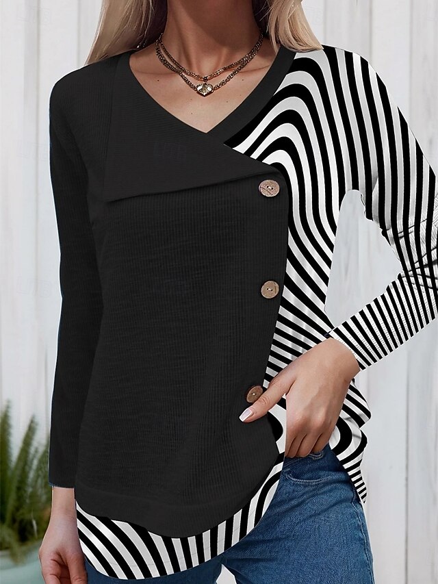 Women's Blouse Tunic V Neck Long Sleeve Buttons Geometric Stylish Casual Regular Tops Daily Pocket Print Black White Pink Spring Fall4