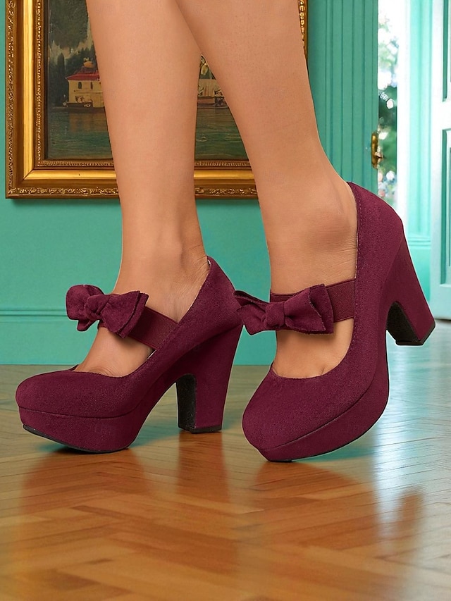  Escarpins Mary Jane bordeaux à plateforme et nœuds pour femme – Chaussures rétro à talons hauts épais des années 1950 pour fêtes, cosplay et tenues d'inspiration vintage