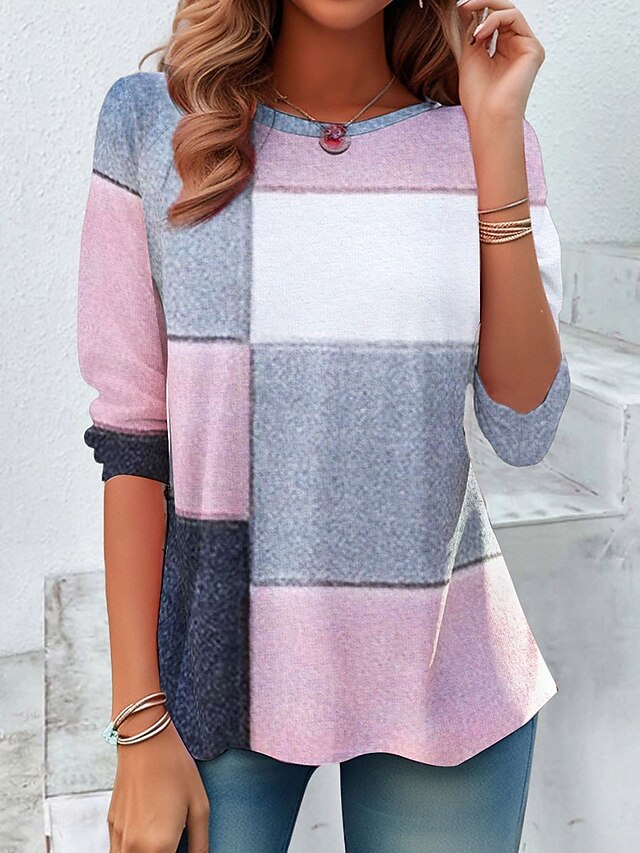 Women's T shirt Crew Neck Long Sleeve Tunic Graphic Geometric Casual  Round Neck Regular Tops Daily Print Pink Purple Green Fall4
