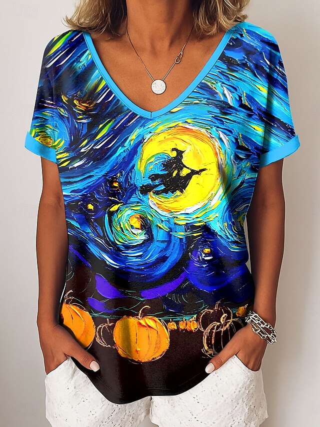 Halloween Women's T shirt Witch Graphic Abstract Vintage Casual Short Sleeve V Neck Regular Tops Daily Weekend Vacation Wear Print Blue Orange Green Summer Fall4