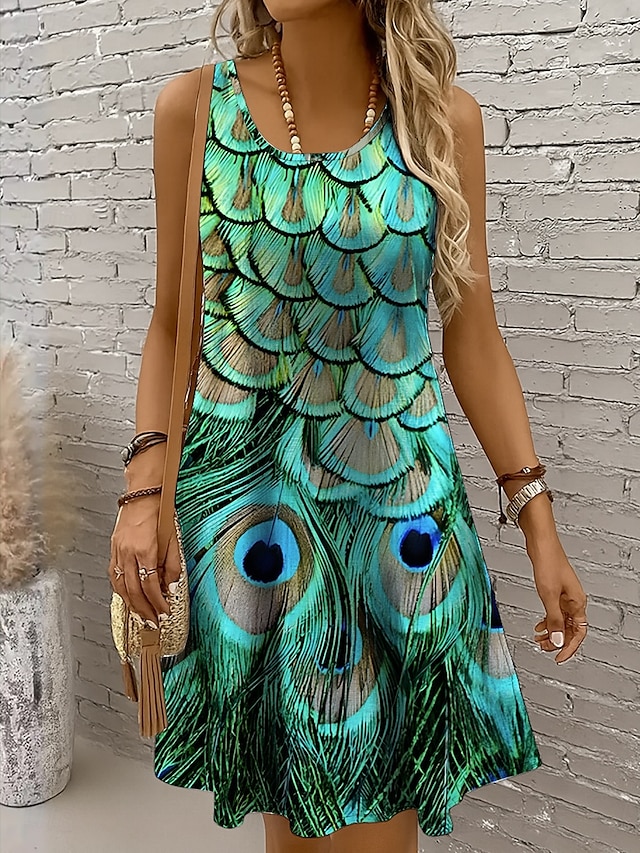  Damen Minikleid Sommerkleid A Linie Kleid Schulterfreies Kleid Urlaub Lässig Boho Ferien Strand Normale Passform Grafik Tiermotiv Ärmellos Rundhalsausschnitt Gelb Rote Blau Purpur Sommer Frühling