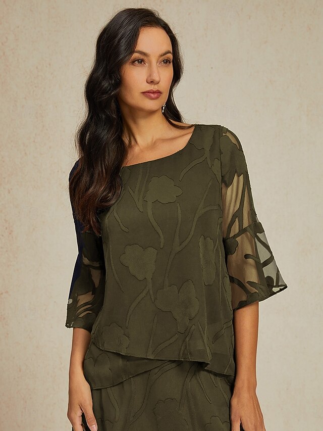 Women's Lace Shirt Blouse Dressy Tops Chiffon Tops Solid Color Floral Flower Elegant Stylish 3/4 Length Sleeve Bell Sleeve Boat Neck Regular Tops Wedding Guest Work Daily Asymmetric Hem Olive Summer4