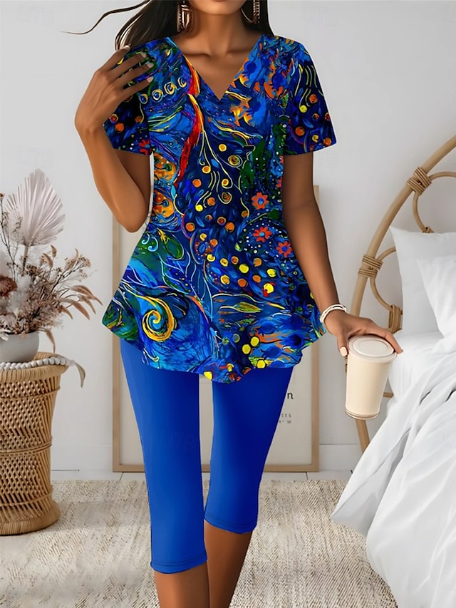  Femmes Mode T-shirt Ensembles de Shorts Manche Courte Col en V Fleuri Graphique Géométrique Imprimé Décontracté Quotidien Noir Bleu Roi Bleu Été Coupe régulière