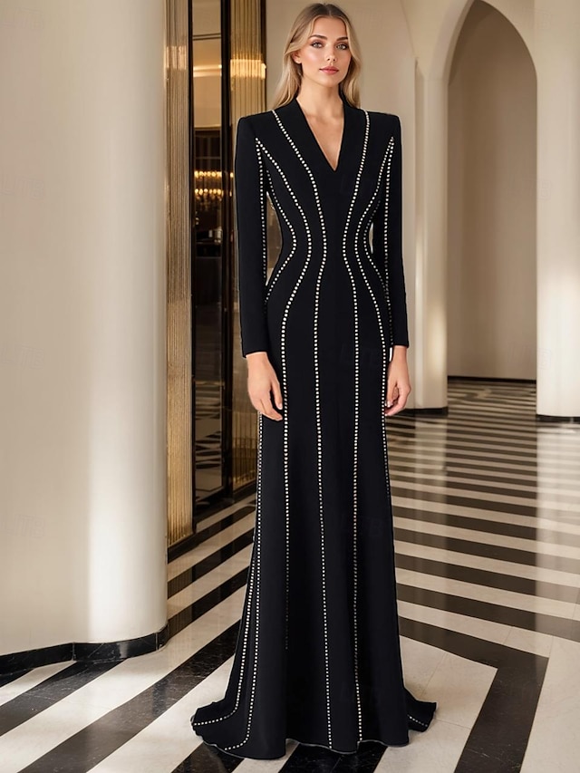  Black Tie Galakleid Etuikleid/Säulenkleid Abendkleid Smokingkleid formelle Abendparty bodenlang Langarm V-Ausschnitt Polyester mit Kristallen 2025