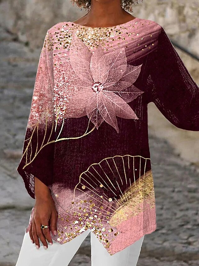 Women's T Shirt Tee Top Floral Fashion Modern Long Sleeve Crew Neck Regular Tops Daily Print Asymmetrical Pink Spring Fall4