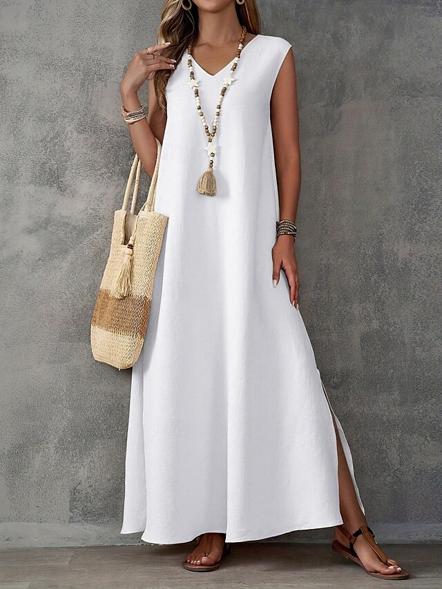  Mujer Vestido maxi Vestido de una línea Vestido de verano Casual Diario Ajuste regular Plano Sin Mangas Escote en Pico Negro Blanco Púrpula Claro Verde Trébol Verano
