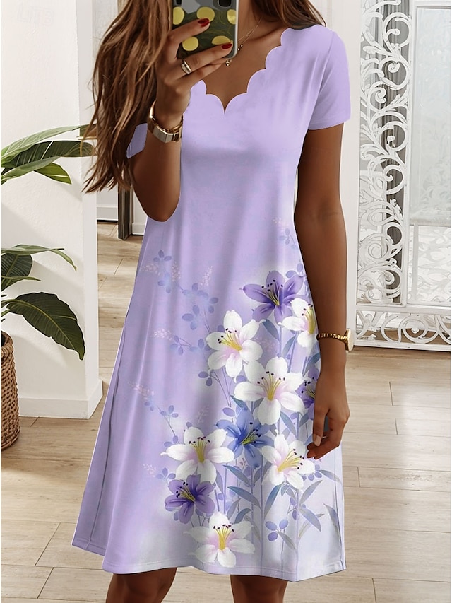  Damen Minikleid Freizeitkleid T-Shirt-Kleid Sommerkleid A Linie Kleid Elegant Urlaub Lässig Normale Passform Blumen Grafik Kurzarm V Ausschnitt Rosa Blau Purpur Grün Sommer Frühling