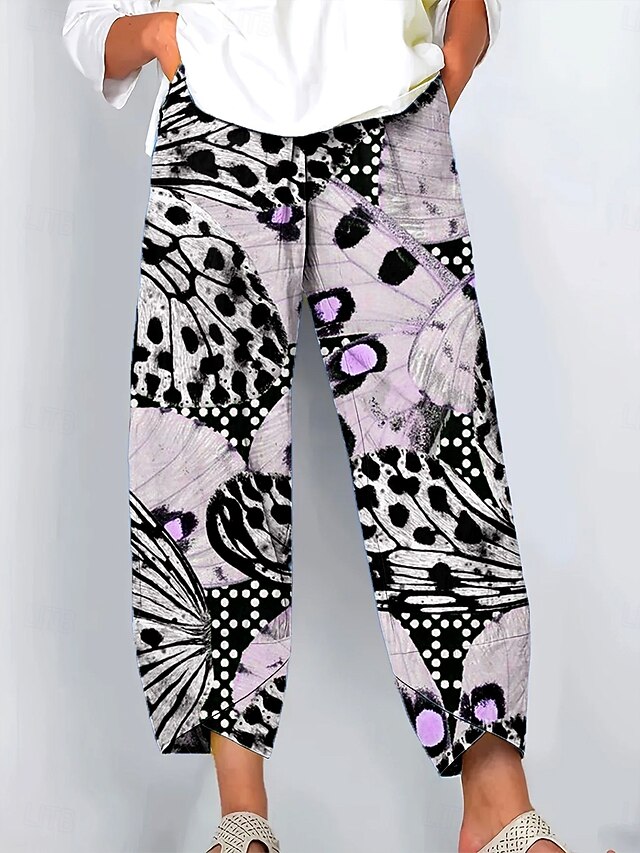 Women's Wide Leg Chinos Baggy Pants Vacation Vintage Ethnic Style Full Length High Waist Graphic Leopard Butterfly Drawstring Patchwork Printing Breathable Inelastic Outdoor Vacation Street Dusty4